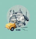 Rome famous landmarks collage. The modern art design from best views of Rome, Italy, Europe.