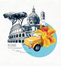 Rome famous landmarks collage. The modern art design from best views of Rome, Italy, Europe.