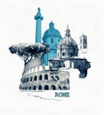 Rome famous landmarks collage. The modern art design from best views of Rome, Italy, Europe.