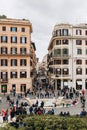 Rome, Italy 07 April, 2022 - The Fontana Della Barcaccia. Piazza di spagna in Rome. Tourists visiting the spanish square Royalty Free Stock Photo