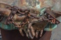 Rome, Italy - April 23, 2009 - Metal sculpture of human figures with hands chained