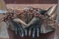 Rome, Italy - April 23, 2009 - Metal sculpture of human figures with hands chained by Mimmo Paladino is a monument to victims of t Royalty Free Stock Photo