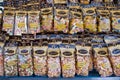 ROME, ITALY - APRILE, 6: Packaging with colorful pasta on the market Campo dei Fiori, Aprile 6, 2013