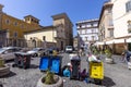 Garbage cans separatet in yellow, reusable, blue - paper and grey - household - in the quarter of Trastevere in Rome, Italy
