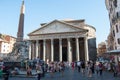 Rome, Italy - August 2 2013 : The Pantheon, Roman architecture with stones columns. Ancient antique religious and famous monument.