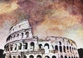 Rome, Italy - Colosseum on blue sky - Creative illustration, vintage watercolor design