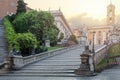 Rome, Italy. Cordonata Capitolina, egyptian lions fountain and Dioscuri statue. Rome landmark Royalty Free Stock Photo