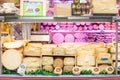 Cheese department. Variety of Italian cheeses. Showcase with different dairy products. Royalty Free Stock Photo