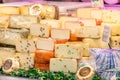 Cheese department. Variety of Italian cheeses. Showcase with different dairy products. Royalty Free Stock Photo