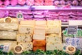 Cheese department. Variety of Italian cheeses. Showcase with different dairy products. Royalty Free Stock Photo