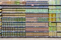 Preserved food. Canned food, different types of canned vegetables. Lanes of shelves with goods