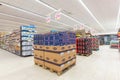 Shelving with products of different nature, variety of food displayed on the shelves