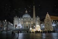 St. Peter`s Basilica, the Christmas tree and the nativity scene. Royalty Free Stock Photo