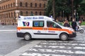 Rome, Italy - December 16, 2019: The street in Rome. Emergency medical vehicle. Ambulance. Hurry help. Rescue. First aid. Urgency