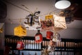 Traditional italian Christmas cakes panettoni hanging from the ceiling in grocery store Royalty Free Stock Photo