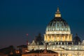 Rome, Italy. Dome Of Papal Basilica Of St. Peter In Vatican In Evening Night Illuminations