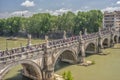 Rome Italy, Europe. View from Sant-Angelo Castel, over the Tiber River, the Ponte Sant Angelo bridge, with teeming people Royalty Free Stock Photo