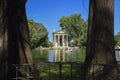 Rome Italy. Garden of Villa Borghese. Lake with boats and temple