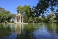 Rome Italy. Garden of Villa Borghese. Lake with boats and temple