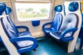 Rome, Italy. Inside public transportation travel, train with empty seats. No people traveling. City state lock down ghost town. Royalty Free Stock Photo