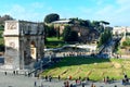 The spectacular Arch of Constantine, located between the Colosseum and the Arch of Titus on the Roman road, built to celebrate the