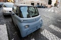 Rome, Italy - July 27, 2022: French small Citroen Ami electric two seater micro city car parked in Rome, Italy