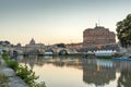 Amazing Sunset view of Tiber River, St. Angelo Bridge and St. Peter`s Basilica in Rome, Italy Royalty Free Stock Photo