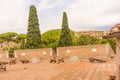 Rome, Italy - 23 June 2018: Ancient Catapult cannon weapon with cannon balls at the Castel Sant Angelo, Mausoleum of Hadrian in Royalty Free Stock Photo