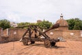 Rome, Italy - 23 June 2018: Ancient Catapult cannon weapon with cannon balls at the Castel Sant Angelo, Mausoleum of Hadrian in Royalty Free Stock Photo