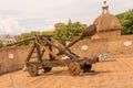 Rome, Italy - 23 June 2018: Ancient Catapult weapon with cannon balls at the Castel Sant Angelo, Mausoleum of Hadrian in Rome,