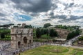 Rome, Italy - 23 June 2018: The ancient ruins of the arch of Constantine at Rome viewed from the colosseum. Famous world landmark