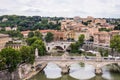 Rome, Italy - 23 June 2018: Cityscape of Rome with Tiber river and bridge viewed from Castel Sant Angelo, Mausoleum of Hadrian