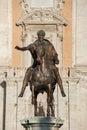 Close-up of the equestrian statue of Roman Emperor Marcus Aurelius in front of the Palazzo Senatorio in the Piazza del Campidoglio