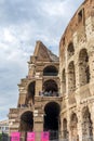 Rome, Italy - 23 June 2018: Facade of the Great Roman Colosseum (Coliseum, Colosseo), also known as the Flavian Amphitheatre