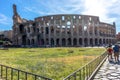 Rome, Italy - 24 June 2018: Facade of the Great Roman Colosseum (Coliseum, Colosseo), also known as the Flavian Amphitheatre.