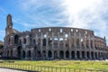 Rome, Italy - 24 June 2018: Facade of the Great Roman Colosseum (Coliseum, Colosseo), also known as the Flavian Amphitheatre.