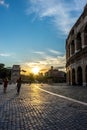 Rome, Italy - 24 June 2018:Golden sunset at the Great Roman Colosseum (Coliseum, Colosseo), also known as the Flavian Amphitheatre Royalty Free Stock Photo