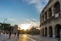 Rome, Italy - 24 June 2018:Golden sunset at the Great Roman Colosseum (Coliseum, Colosseo), also known as the Flavian Amphitheatre Royalty Free Stock Photo