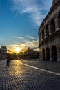 Rome, Italy - 24 June 2018:Golden sunset at the Great Roman Colosseum (Coliseum, Colosseo), also known as the Flavian Amphitheatre Royalty Free Stock Photo