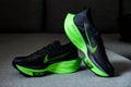 ROME, ITALY, JUNE 23. 2020: Nike running shoes ALPHAFLY NEXT%. Controversial green, black athletics marathon shoe. Detail on Air