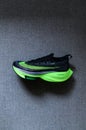ROME, ITALY, JUNE 23. 2020: Nike running shoes ALPHAFLY NEXT%. Controversial green, black athletics marathon shoe. Detail on Air