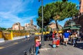 Rome, Italy - 24 June 2018: People at the entrance of the Roman Forum and the Great Roman Colosseum (Coliseum, Colosseo), also Royalty Free Stock Photo