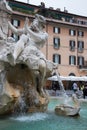 Close view details of the fountain of the four Rivers with Egyptian obelisk in Piazza Navona, Rome, Italy