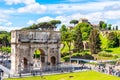 ROME, ITALY - MAY 6, 2019: Arc of Constantine and Palatine Hill. View from Colosseum. Rome, Italy. Royalty Free Stock Photo