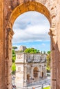 ROME, ITALY - MAY 6, 2019: Arc of Constantine and Palatine Hill. View from Colosseum. Rome, Italy. Royalty Free Stock Photo