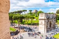 ROME, ITALY - MAY 6, 2019: Arc of Constantine and Palatine Hill. View from Colosseum. Rome, Italy. Royalty Free Stock Photo