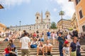 Rome, Italy - May 30, 2018: Crowd of tourists sitting and walking on Spanish Steps in Rome. View of the Spanish Steps and church Royalty Free Stock Photo