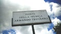 Marble street plaque of the Ponte della Musica-Armando Trovajoli. pedestrian bridge dedicated to the Italian pianist, composer and