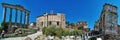 Panoramic view at the Roman Forum with the Temple of Saturn left, the Tabularium with the Temple of Vespasian and Titus, and the Royalty Free Stock Photo