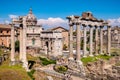 Santi Luca and Martina church with temple of Saturn, Vespasian and Titus and Septimius Severus Arch at Roman Forum in Rome, Italy Royalty Free Stock Photo